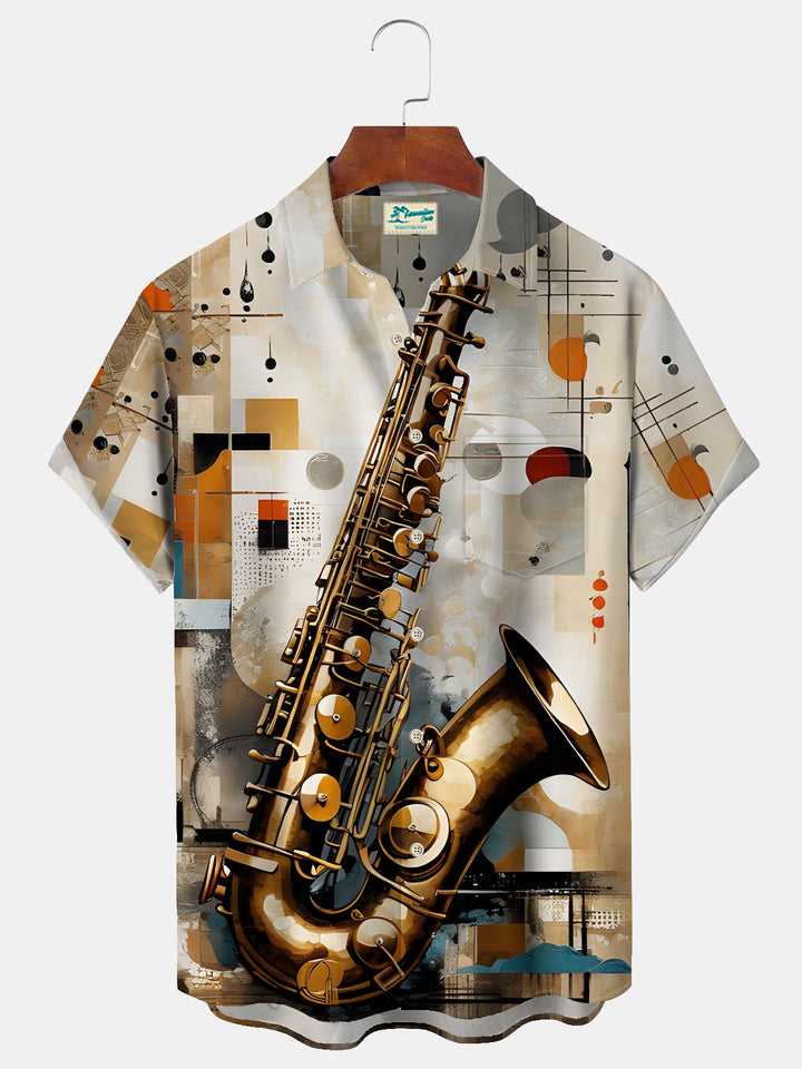 Alohadaddy Vintage Musical Instrument Print Chest Pocket Shirt Plus Size Men&