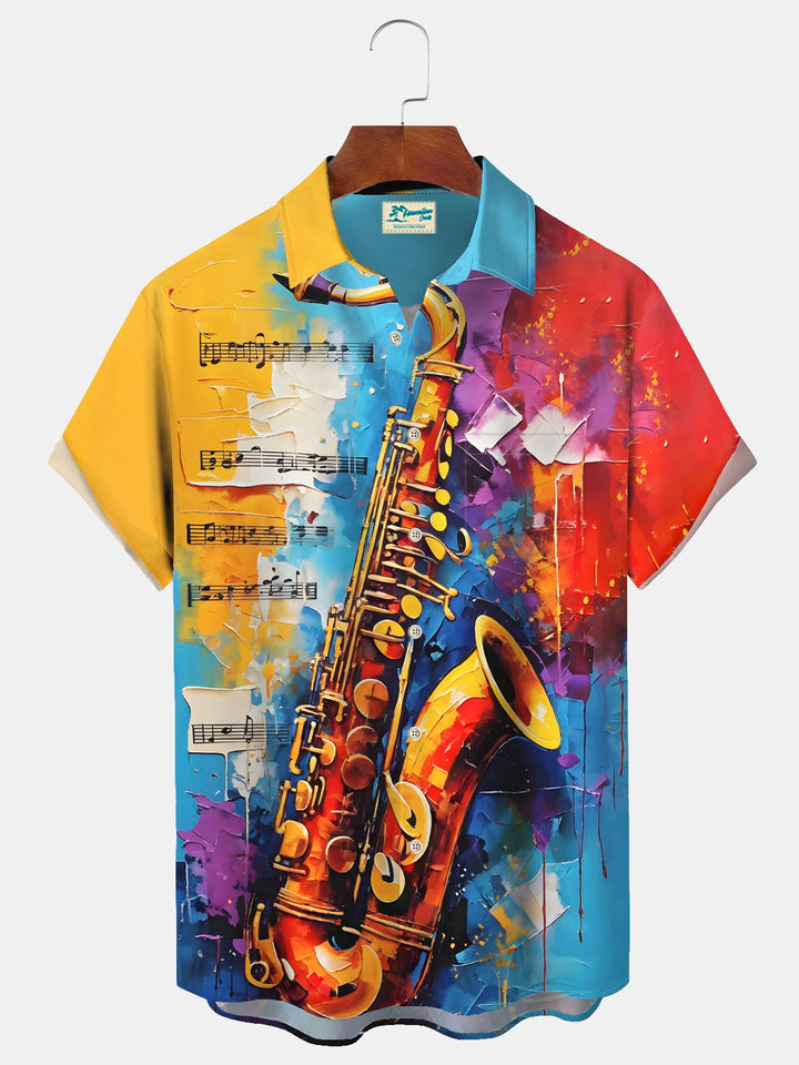 Alohadaddy Vintage Musical Instrument Print Chest Pocket Shirt Plus Size Men&