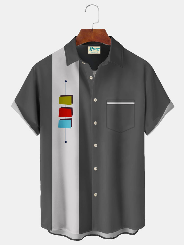 Alohadaddy Vintage Bowling Geometric Print Chest Pocket Shirt Plus Size Men&