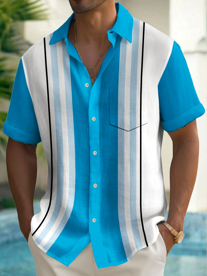 Alohadaddy Vintage Bowling Stripe Print Chest Pocket Shirt Plus Size Men&