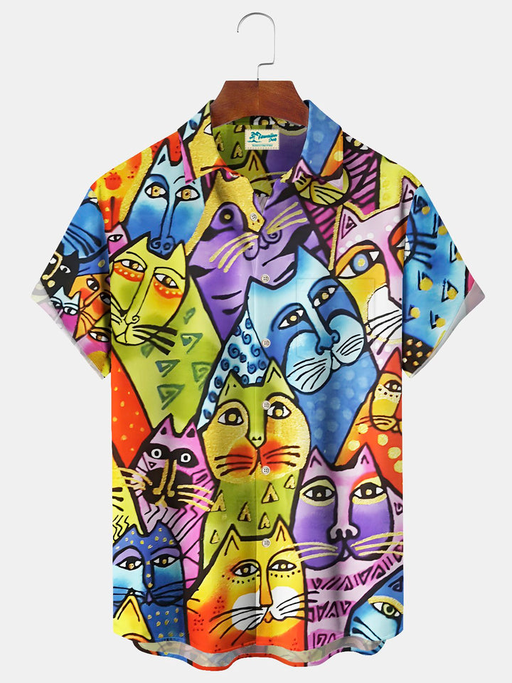 Alohadaddy Vintage Cat Print Chest Pocket Shirt Plus Size Men&