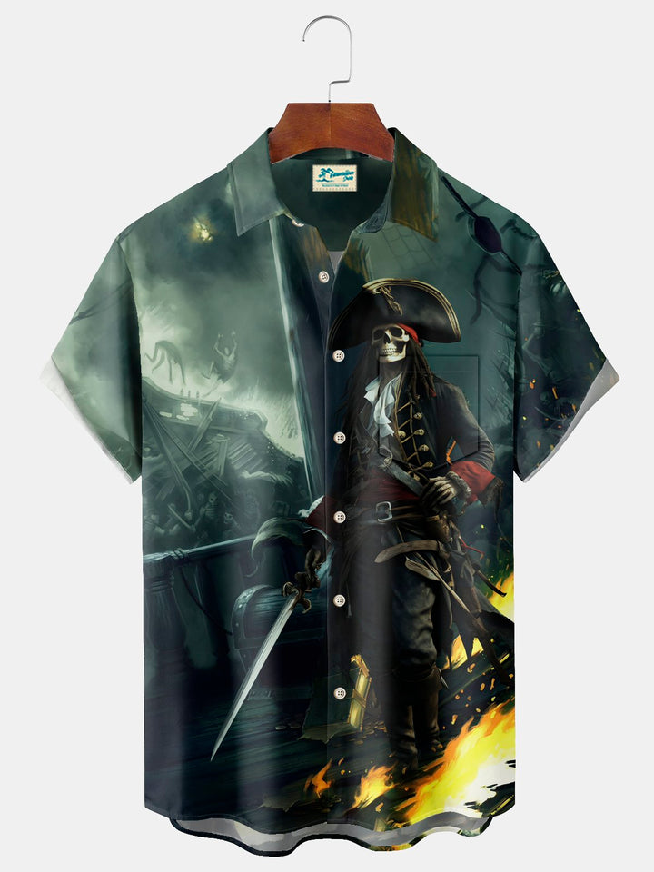 Camisa hawaiana para hombre Alohadaddy Beach Vacation con estampado pirata y bolsillo para acampar, talla grande