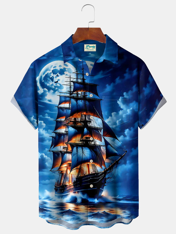 Camisa hawaiana para hombre Alohadaddy Beach Vacation con estampado de barco pirata y bolsillo para acampar, talla grande