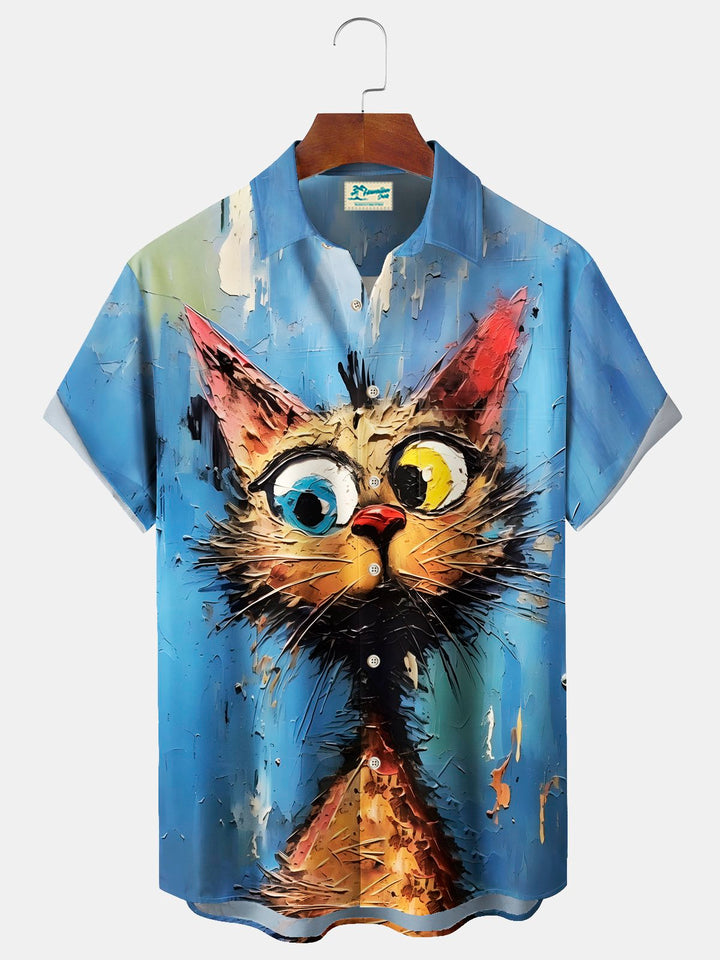 Alohadaddy Vintage Cat Print Chest Pocket Shirt Plus Size Men&
