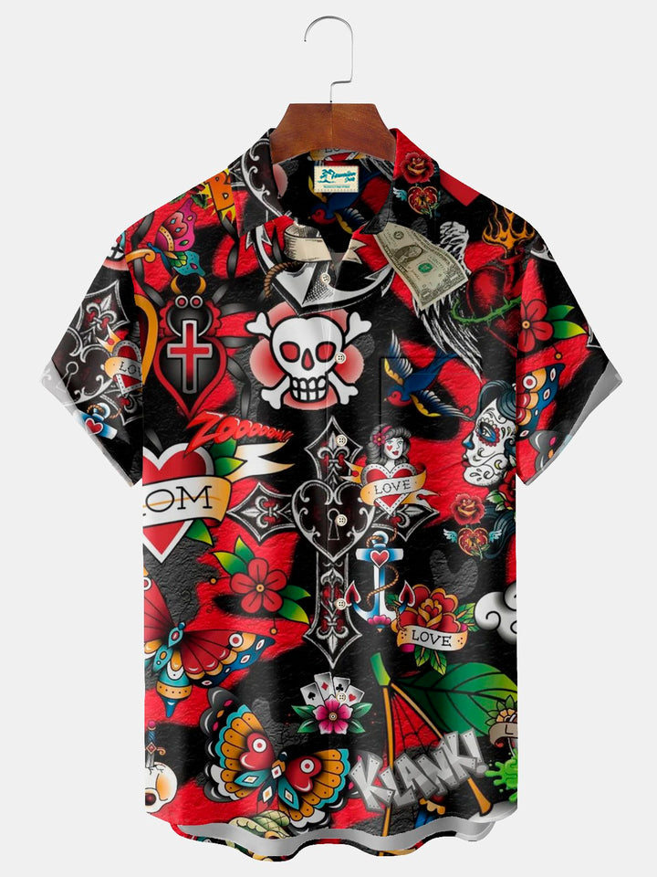 Alohadaddy Vintage Tattoo Print Chest Pocket Shirt Plus Size Men&