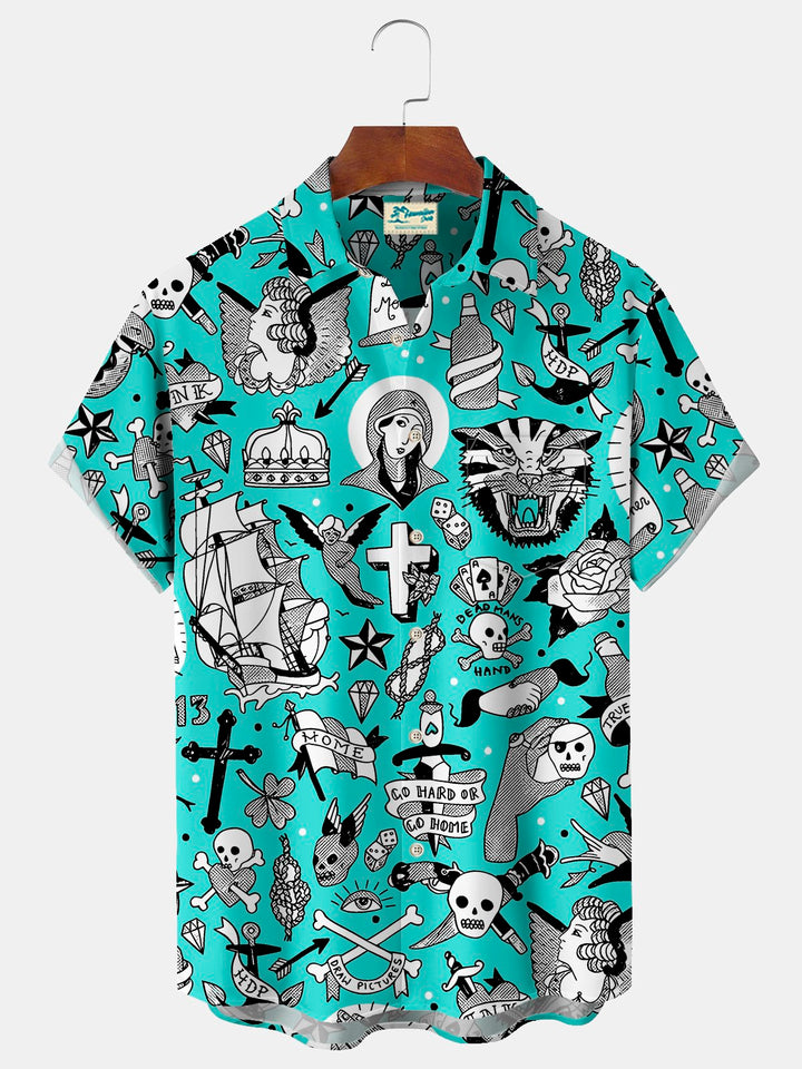 Alohadaddy Vintage Tattoo Print Chest Pocket Shirt Plus Size Men&