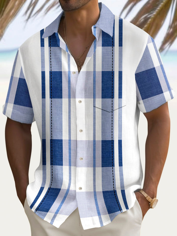 Alohadaddy Vintage Bowling Geometric Print Chest Pocket Shirt Plus Size Men&