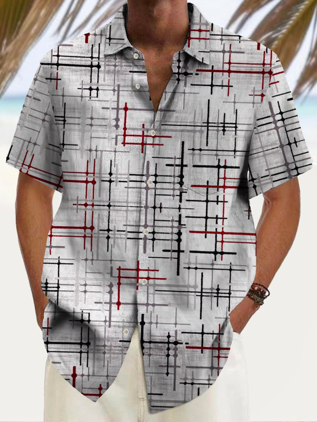 Alohadaddy Vintage Geometric Texture Print Chest Pocket Shirt Plus Size Men&