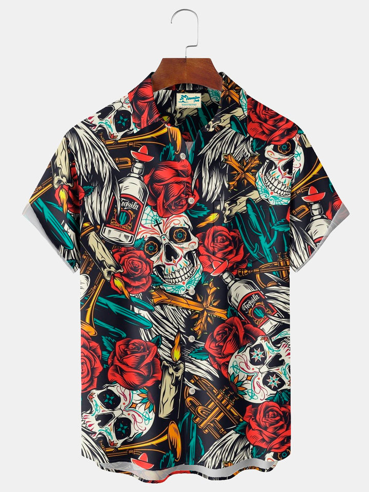 Alohadaddy Vintage Skull Tattoo Print Chest Pocket Shirt Plus Size Men&