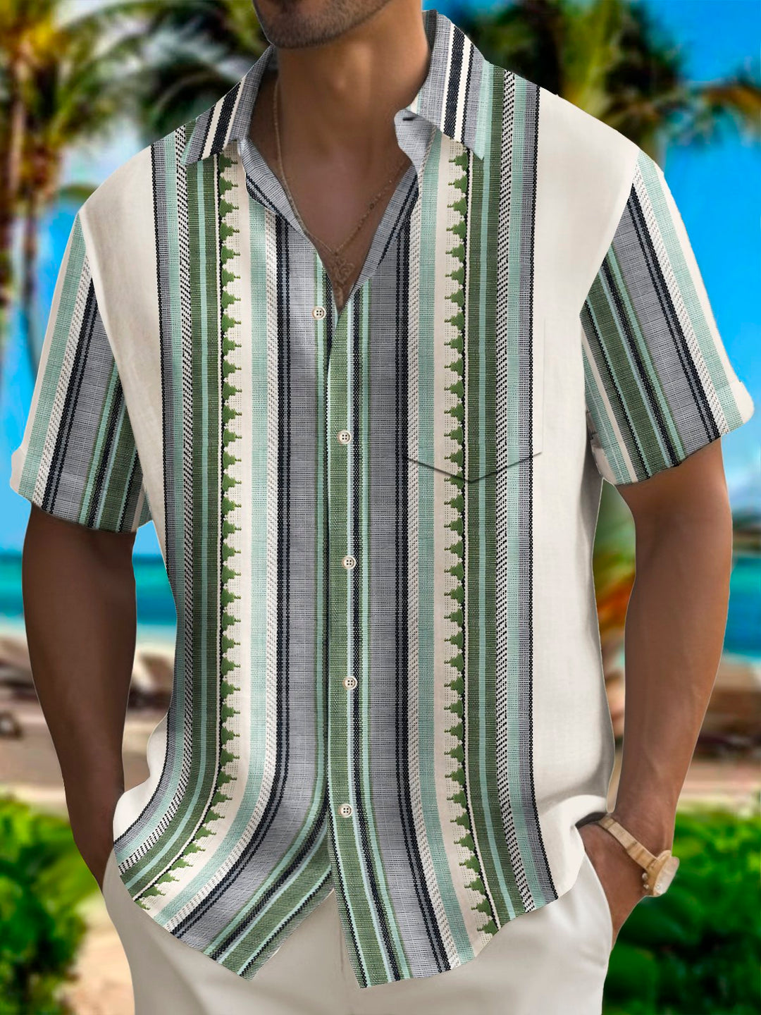 Alohadaddy Vintage Bowling Stripe Print Chest Pocket Shirt Plus Size Men&