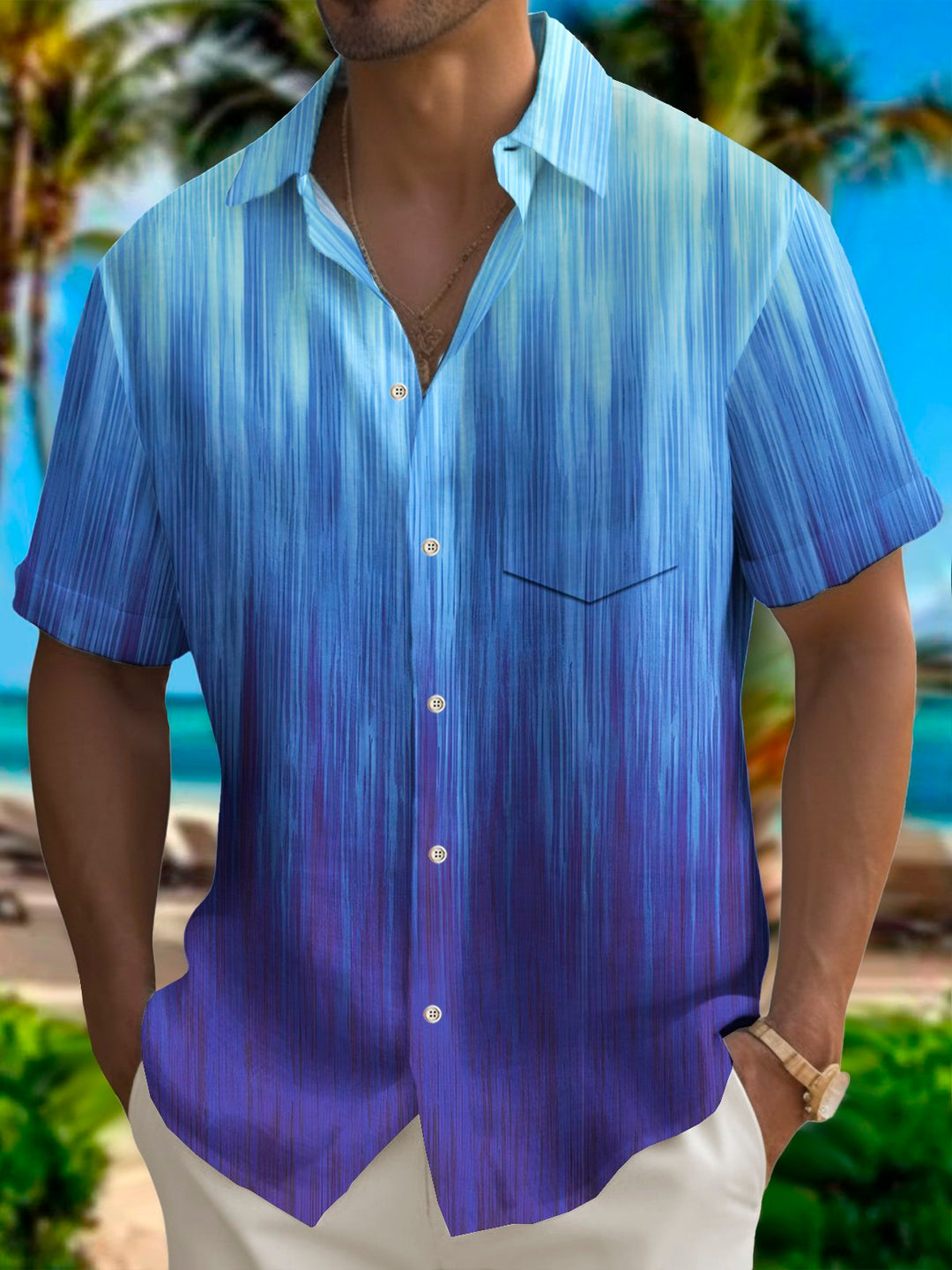 Alohadaddy Vintage Gradient Texture Print Chest Pocket Shirt Plus Size Men&