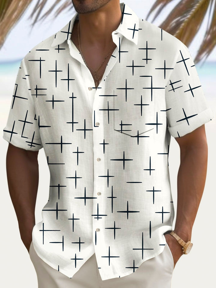 Alohadaddy Vintage Geometric Starburst Print Chest Pocket Shirt Plus Size Men&