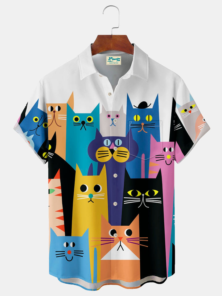 Alohadaddy Vintage Cartoon Cat Print Chest Pocket Shirt Plus Size Men&