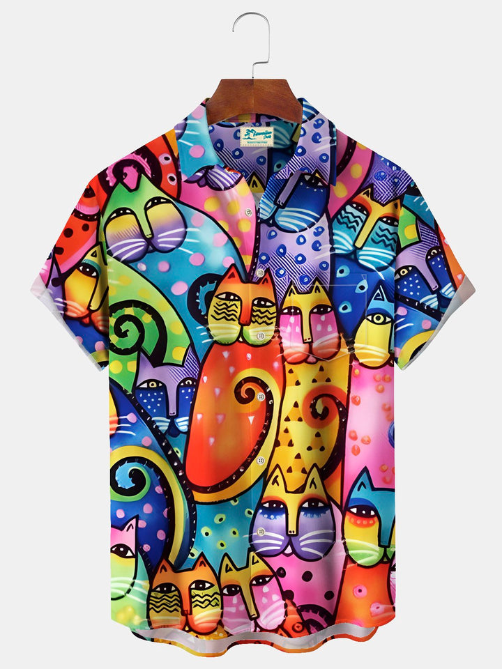 Alohadaddy Vintage Cat Cartoon Print Chest Pocket Shirt Big Tall