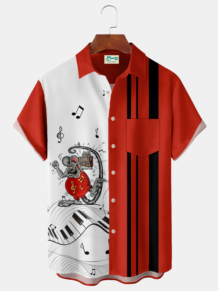 Camisa con bolsillo en el pecho y estampado de dibujos animados musicales para hombre de Alohadaddy Vintage Bowling, talla grande