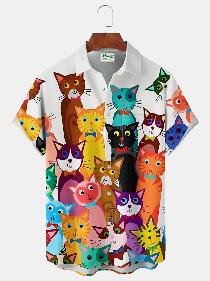 Alohadaddy Vintage Cat Print Chest Pocket Shirt Plus Size Men&