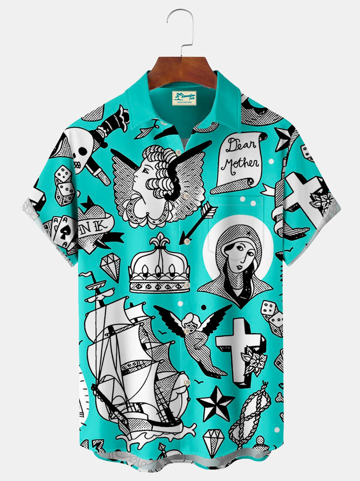 Camisa hawaiana con estampado de tatuajes y bolsillo para acampar para hombre de Alohadaddy Beach Vacation, talla grande
