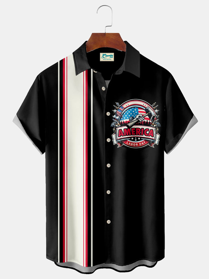 Chemise extensible à poche poitrine pour homme avec imprimé drapeau de la fête du travail vintage de bowling d&