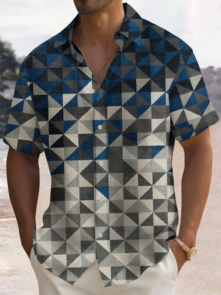 Alohadaddy Vintage Geometric Print Chest Pocket Stretch Shirt Big Tall