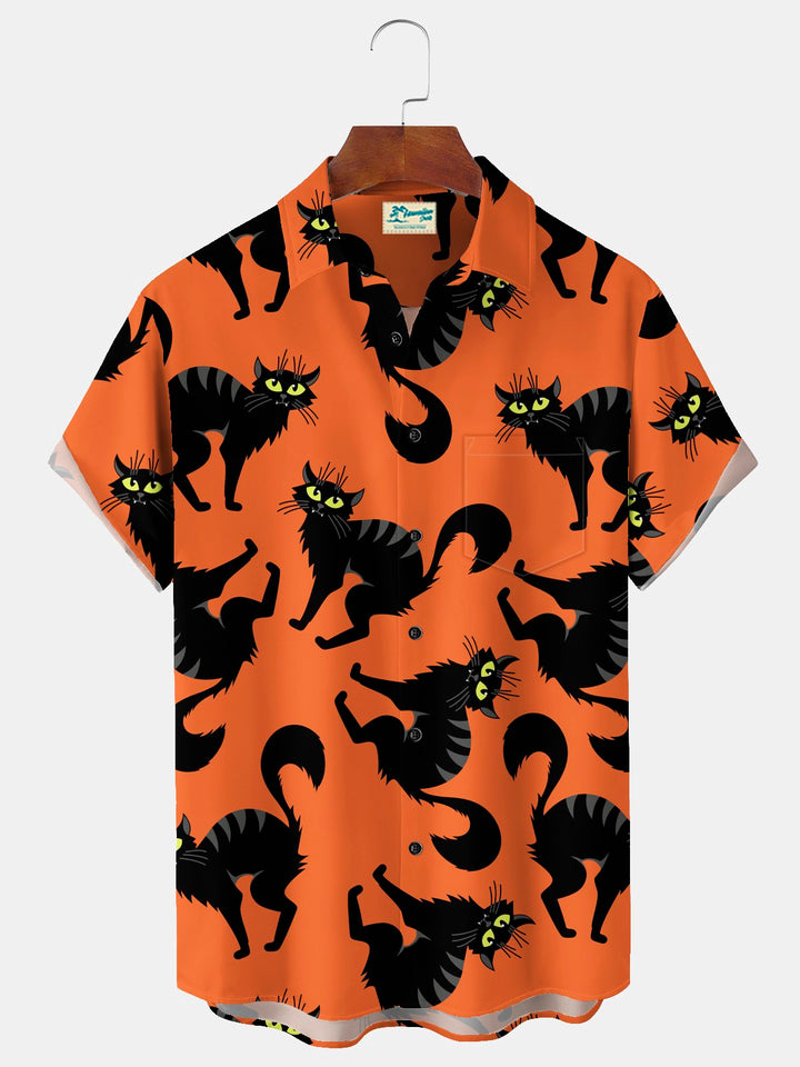 Camisa elástica con bolsillo en el pecho y estampado de gato de Halloween para hombre de Alohadaddy, talla grande