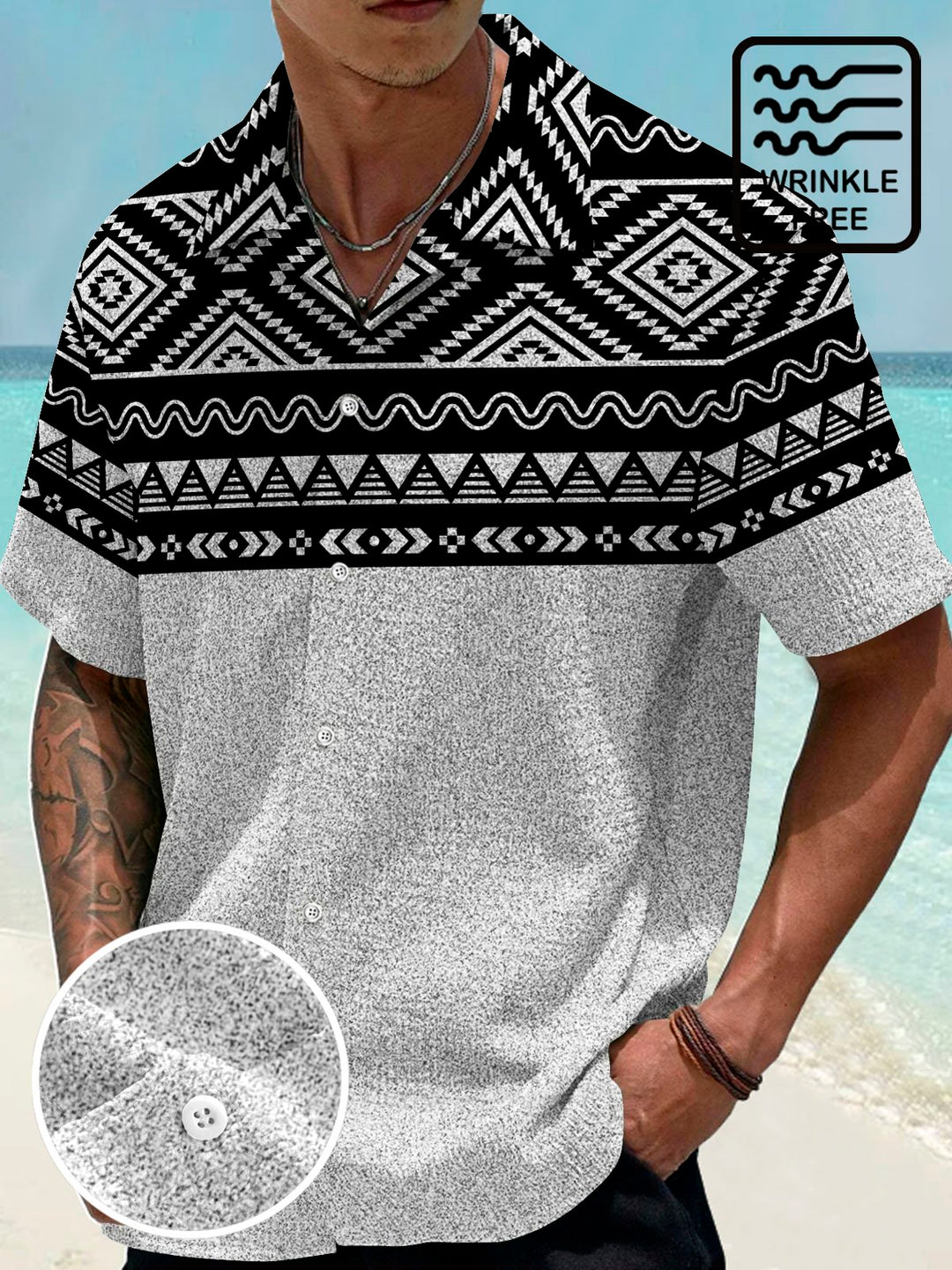 Camisa elástica de seersucker con bolsillo en el pecho y estampado étnico vintage para hombre de Alohadaddy, talla grande
