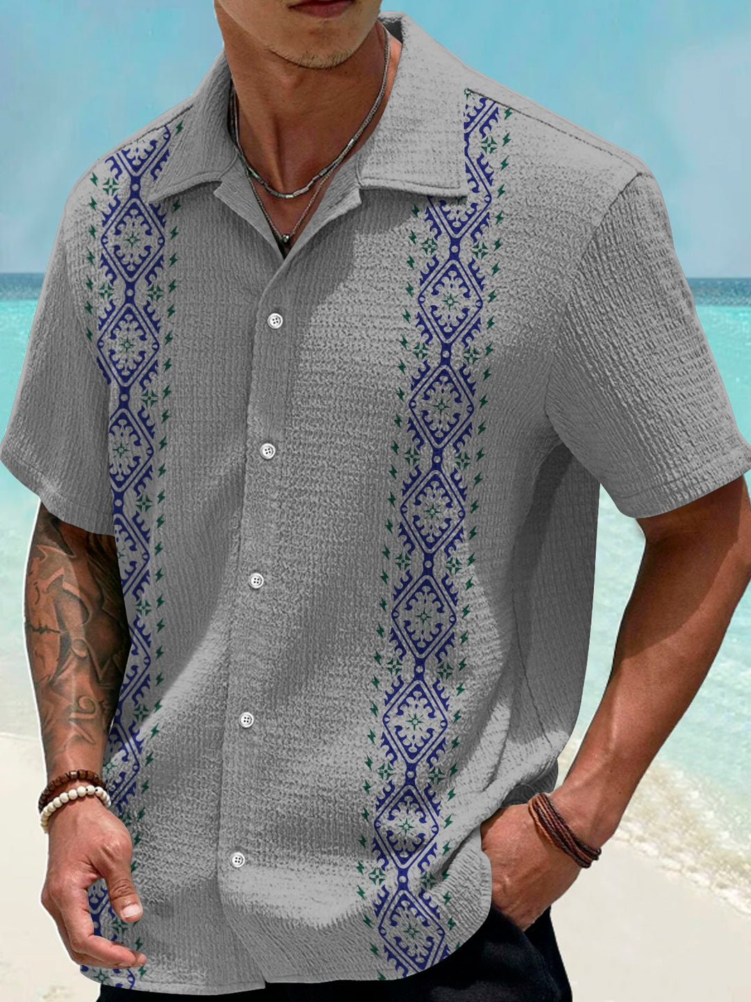 Chemise extensible en seersucker à imprimé ethnique vintage bowling Alohadaddy pour homme, grande taille