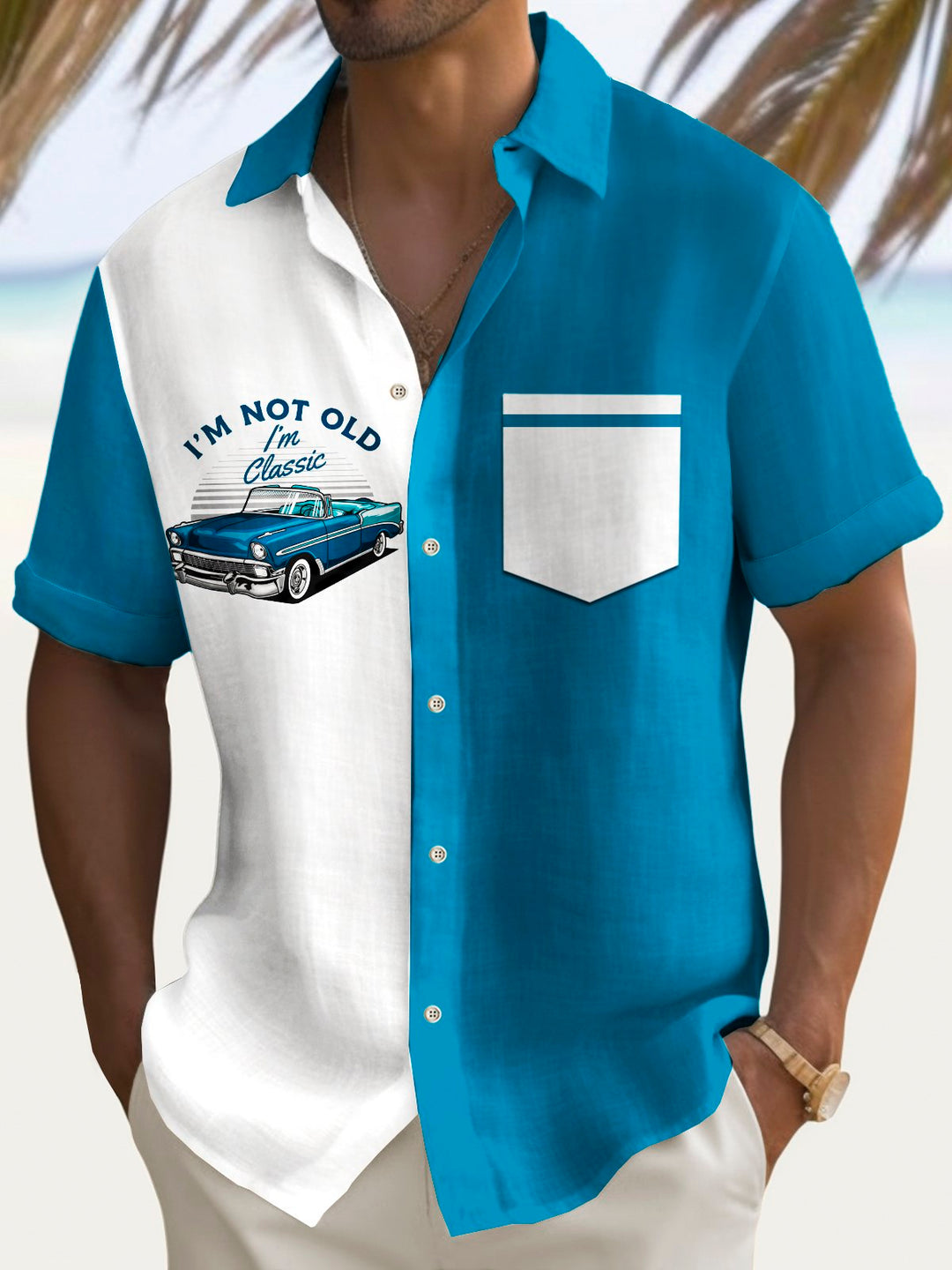 Camisa elástica con bolsillo en el pecho para hombre con estampado de bolos y muscle car de Alohadaddy, talla grande