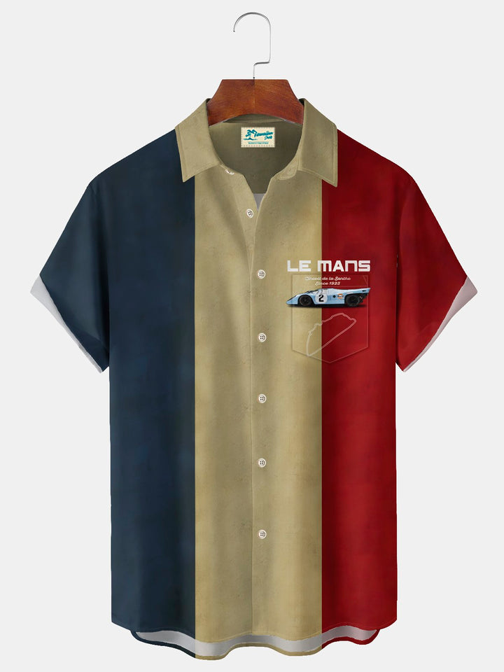 Camisa elástica con bolsillo en el pecho para hombre con estampado de carreras de bolos vintage de Alohadaddy, talla grande