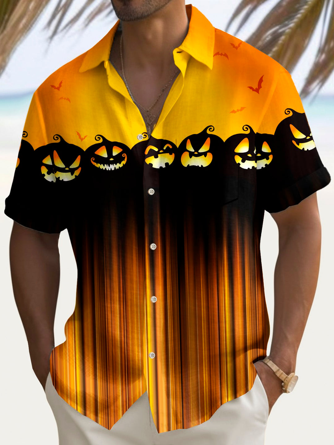 Chemise extensible à poche poitrine pour homme avec imprimé dégradé de citrouilles d&