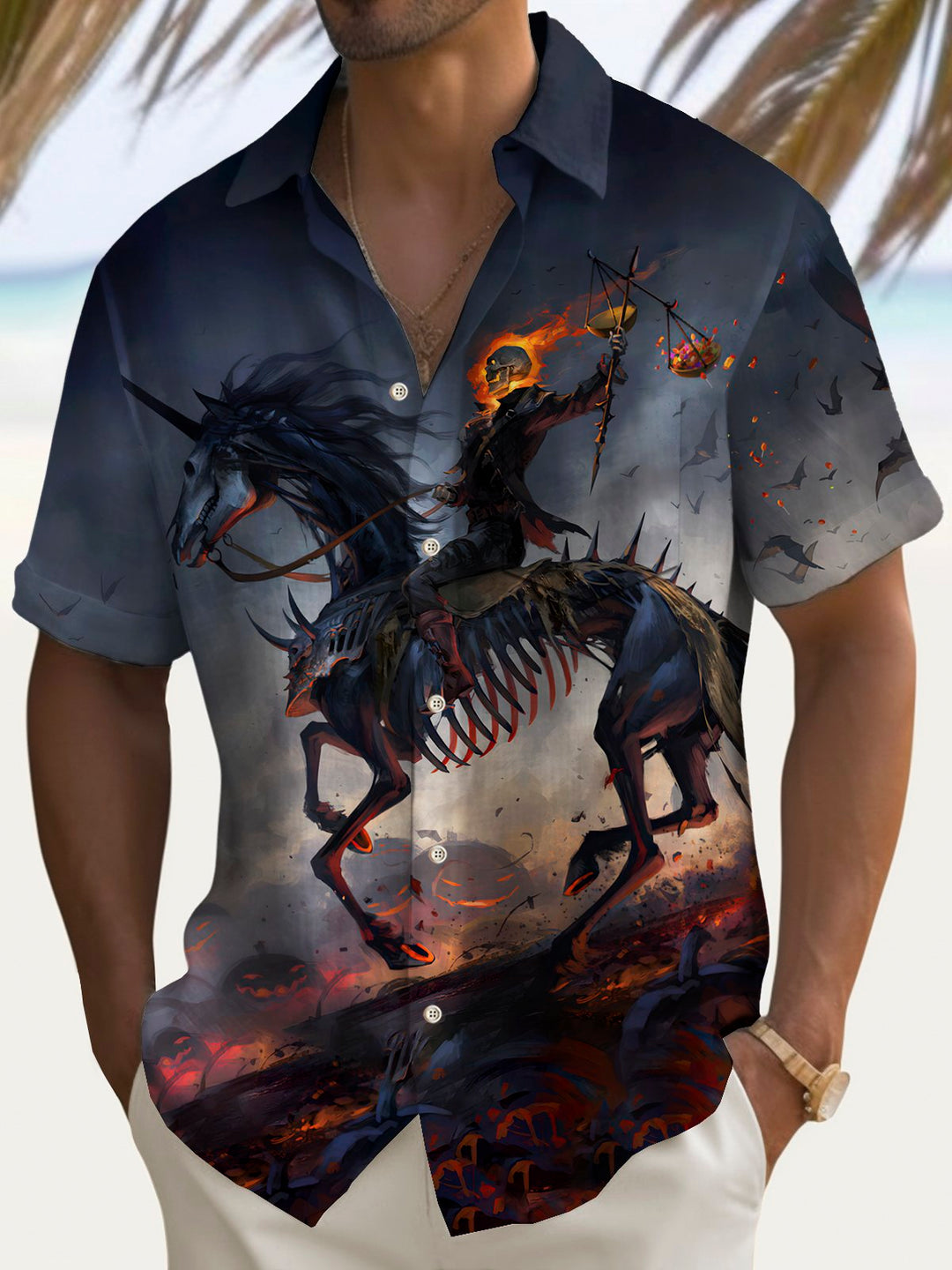 Camisa elástica con bolsillo en el pecho para hombre con estampado de esqueleto, caballo y caballero de Halloween de Alohadaddy, talla grande