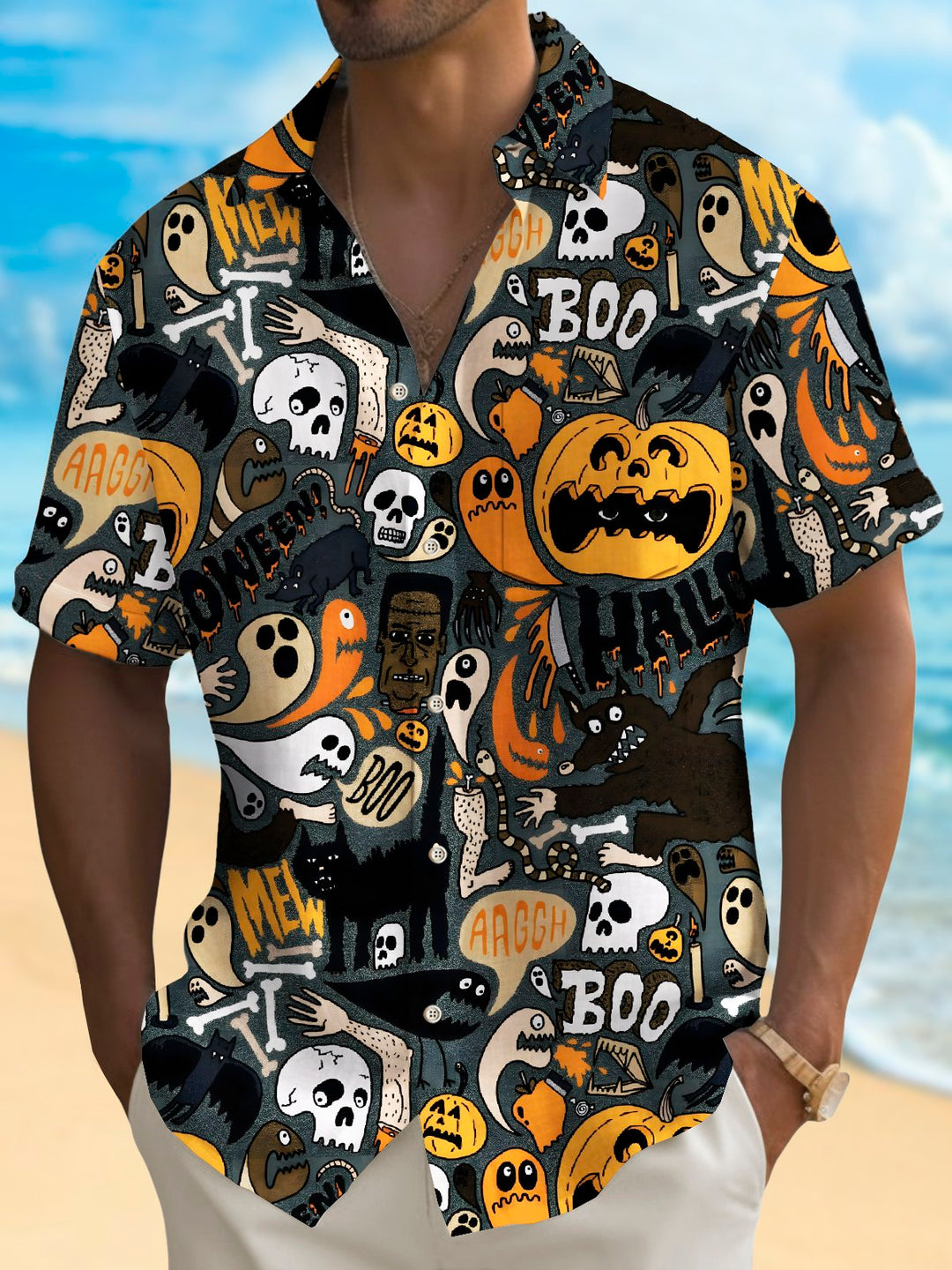 Camisa elástica con bolsillo en el pecho para hombre con estampado de dibujos animados de calabaza y calavera de Halloween de Alohadaddy, talla grande