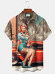 Alohadaddy Vintage Car Girl Poster Printed Men's Chest Pocket Stretch Shirt Big Tall