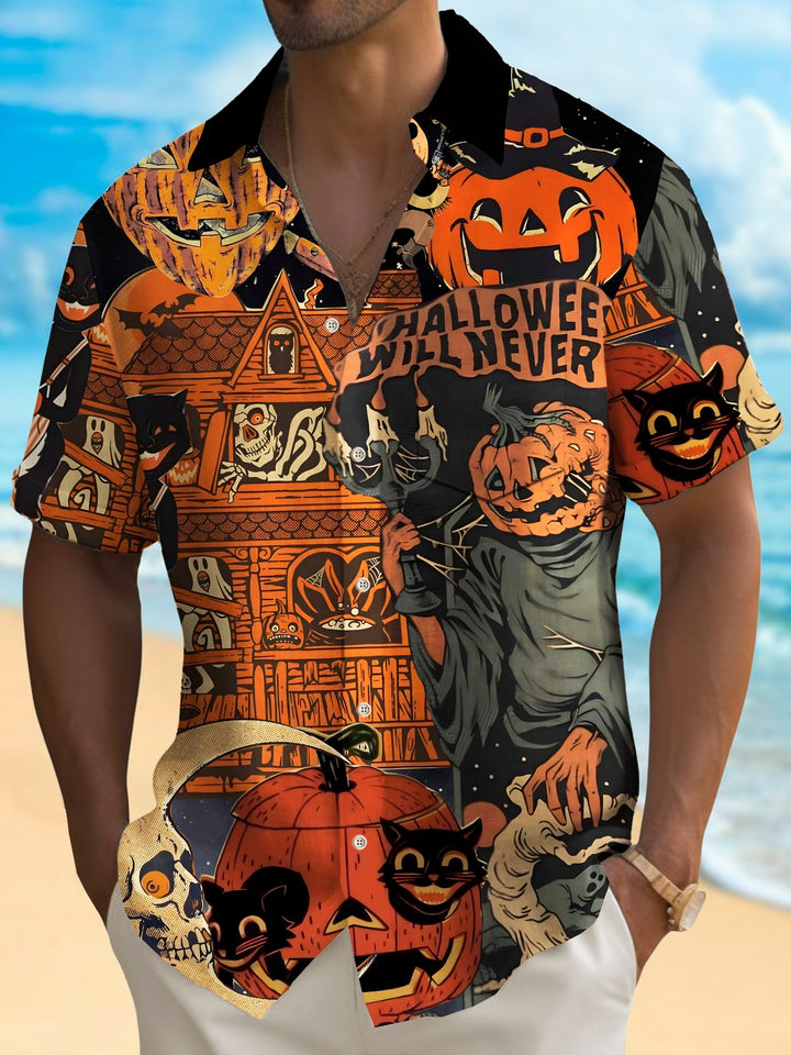 Camisa elástica con bolsillo en el pecho para hombre con estampado de póster de Halloween vintage de Alohadaddy, talla grande