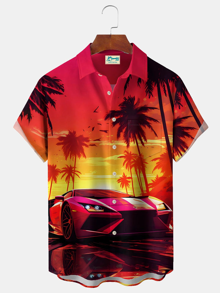Camisa elástica con bolsillo en el pecho para hombre con estampado de árboles de coco y autos antiguos de Alohadaddy, talla grande