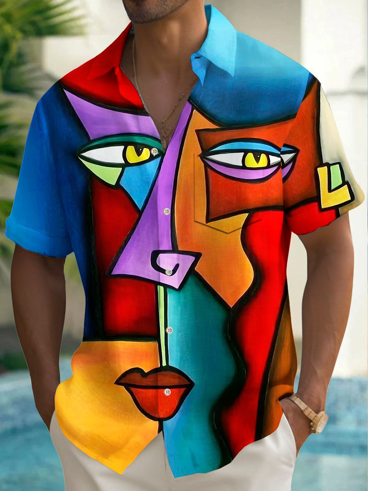 Camisa elástica con bolsillo en el pecho y estampado artístico de caras vintage de Alohadaddy para hombre, talla grande