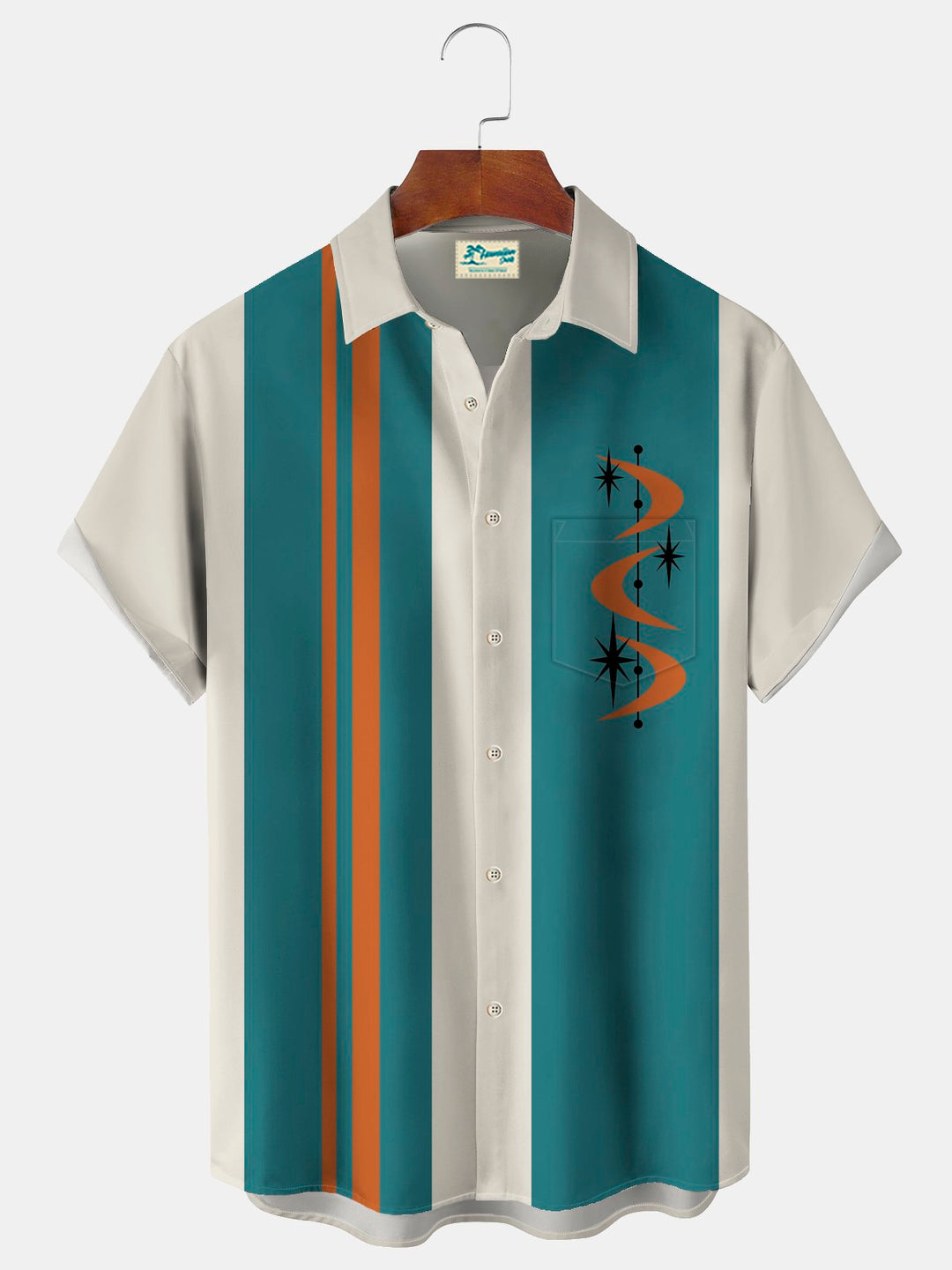 Camisa elástica con bolsillo en el pecho y estampado geométrico de estrellas de bolos vintage para hombre de Alohadaddy, talla grande