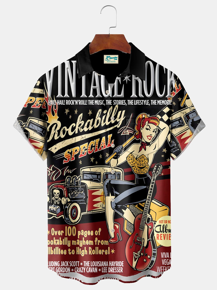 Camisa elástica con bolsillo en el pecho y estampado de rock vintage para hombre de Alohadaddy, talla grande