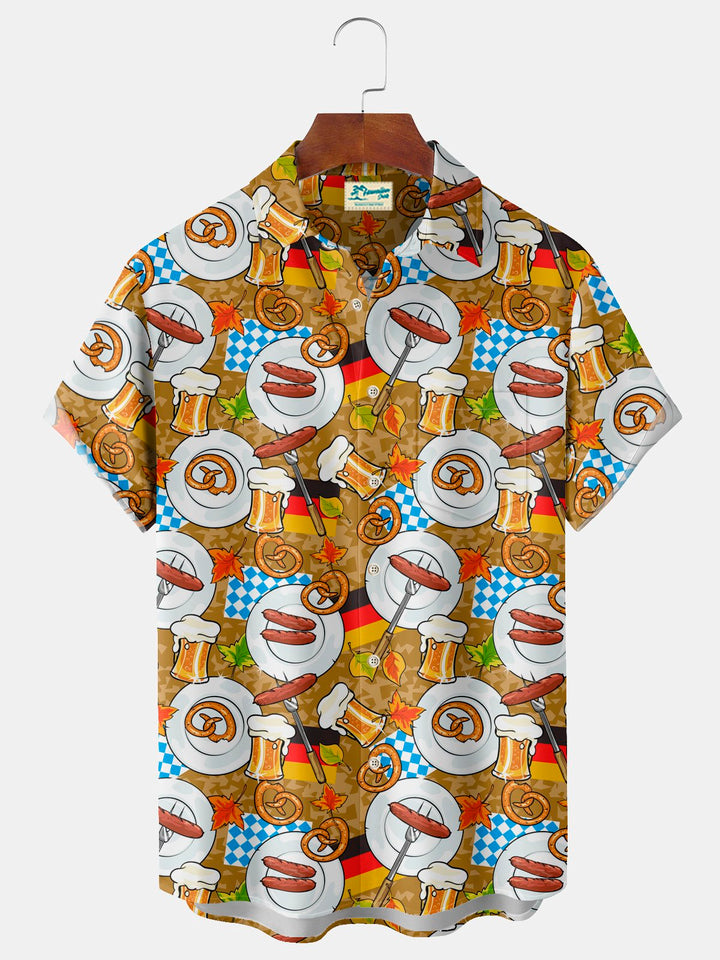 Camisa elástica con bolsillo en el pecho y estampado de jamón y cerveza Oktoberfest de Alohadaddy para hombre, talla grande