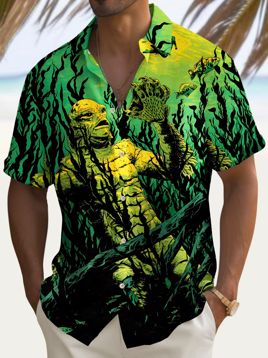 Camisa elástica con bolsillo en el pecho y estampado de monstruo de Halloween para hombre de Alohadaddy, talla grande