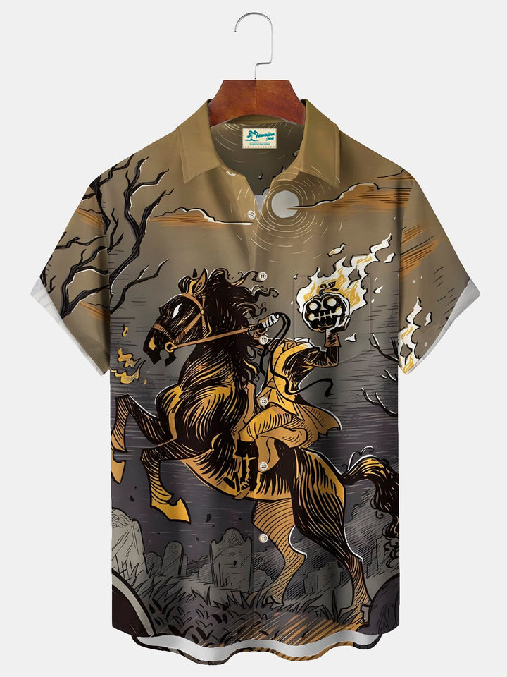 Camisa elástica con bolsillo en el pecho y estampado de caballero de Halloween para hombre de Alohadaddy, talla grande