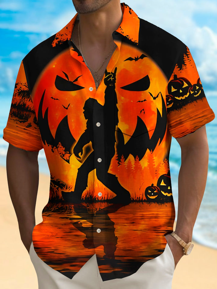 Camisa elástica con bolsillo en el pecho y estampado de calabaza de Halloween de Alohadaddy para hombre, talla grande