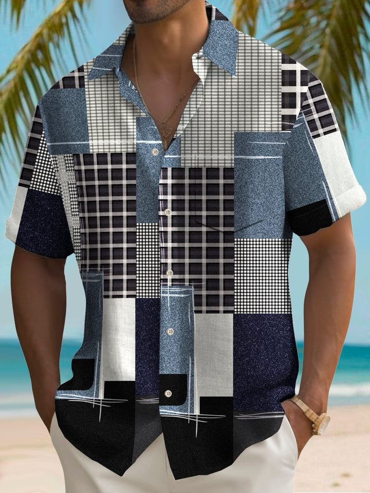 Alohadaddy Vintage Geometric Print Chest Pocket Stretch Shirt Big Tall