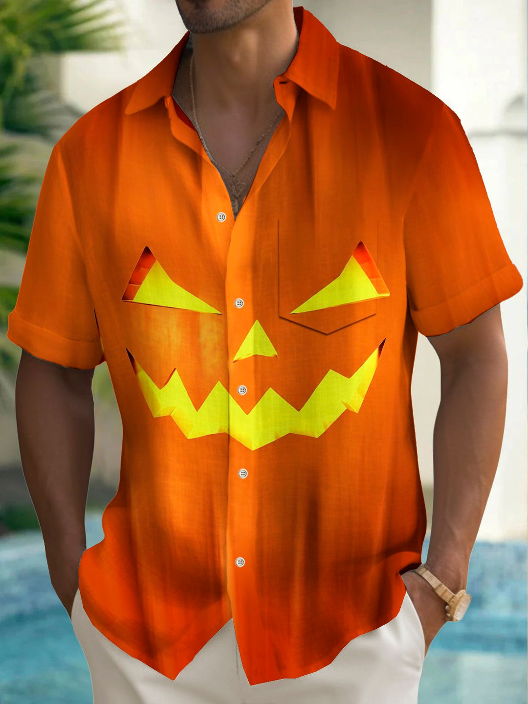 Camisa elástica con bolsillo en el pecho y estampado de calabaza de Halloween para hombre de Alohadaddy, talla grande