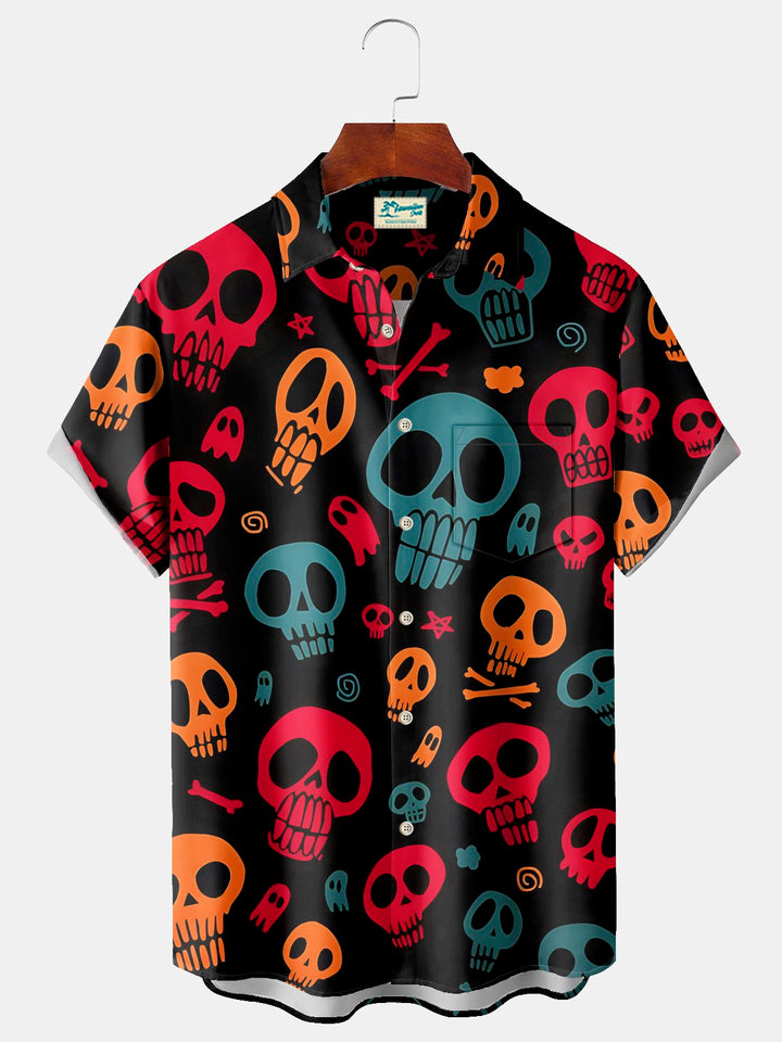 Camisa elástica con bolsillo en el pecho y estampado de calavera de Halloween para hombre de Alohadaddy, talla grande