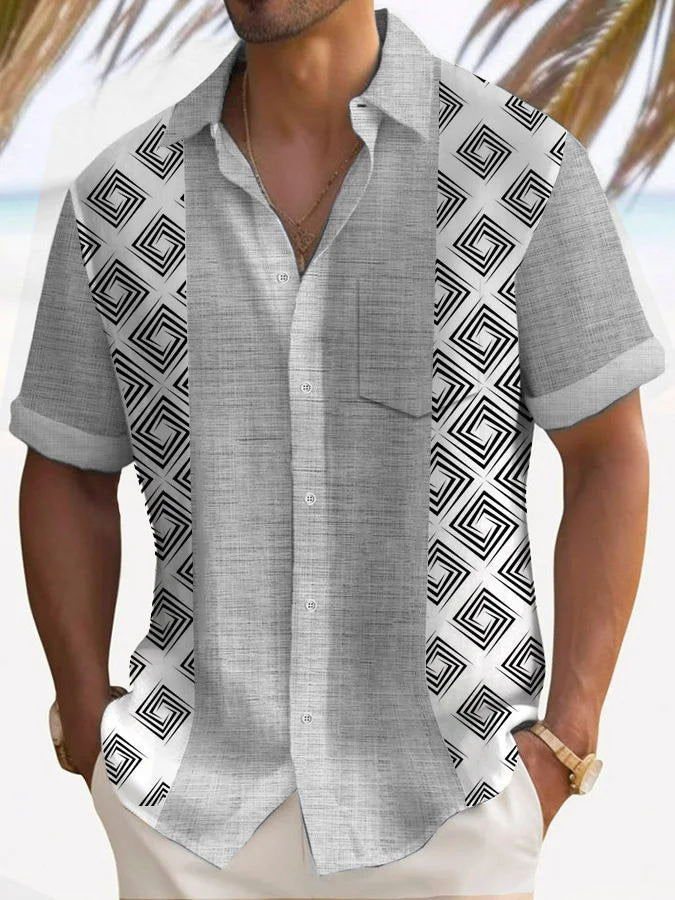 Chemise extensible à imprimé géométrique vintage bowling Alohadaddy avec poche poitrine, grande taille