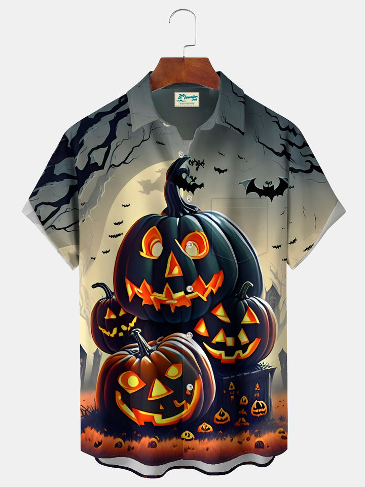Camisa elástica con bolsillo en el pecho y estampado de dibujos animados de calabaza de Halloween para hombre de Alohadaddy, talla grande