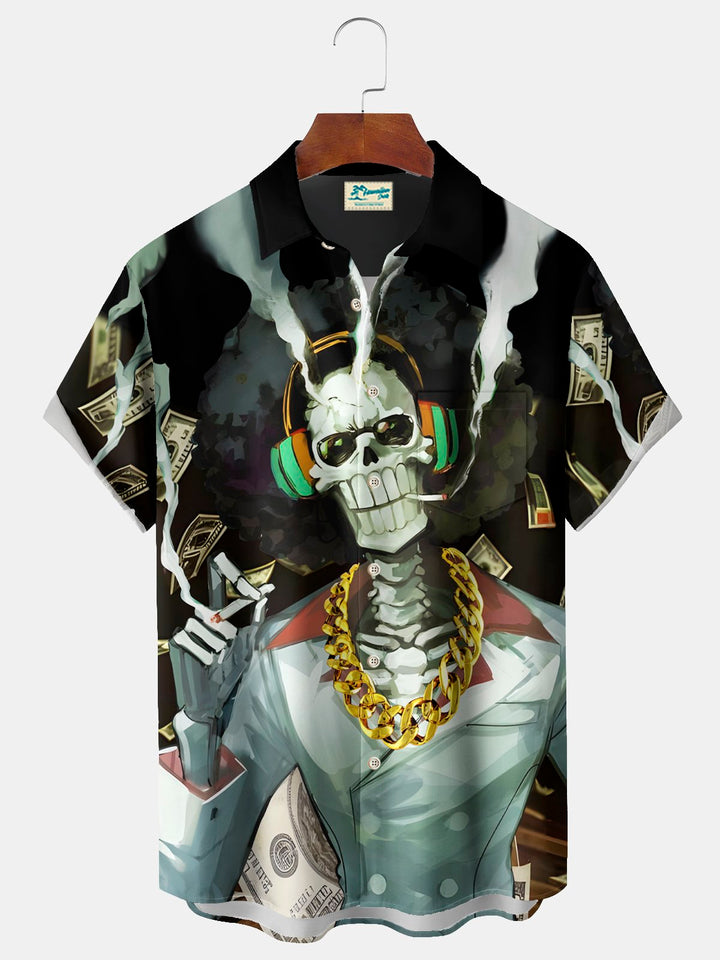 Camisa elástica con bolsillo en el pecho y estampado de calavera de Halloween para hombre de Alohadaddy, talla grande