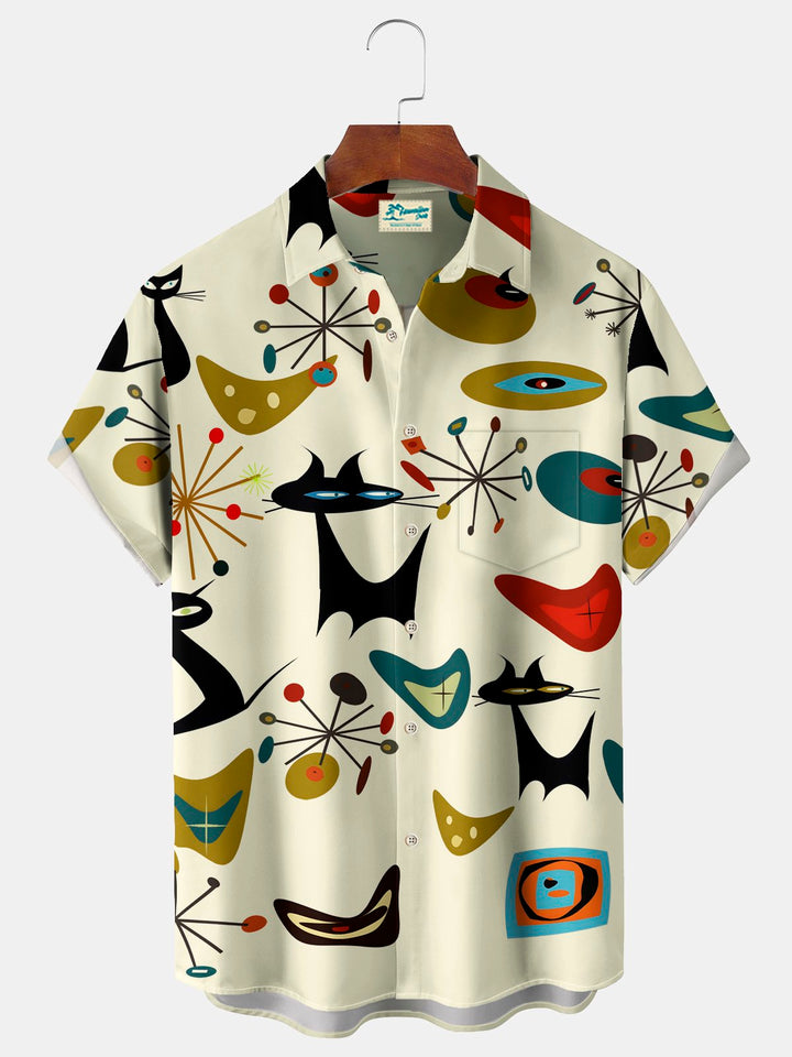 Alohadaddy Vintage Geometric Starburst Cat Print Chest Pocket Stretch Shirt Big Tall