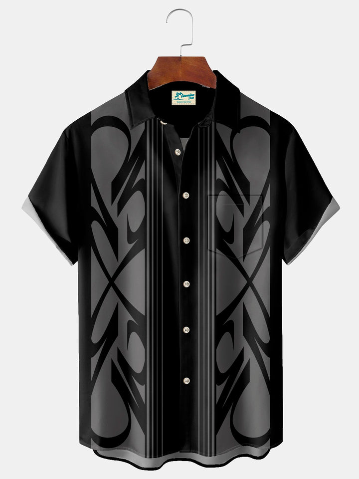 Alohadaddy Vintage Bowling Geometric Print Chest Pocket Stretch Shirt Big Tall