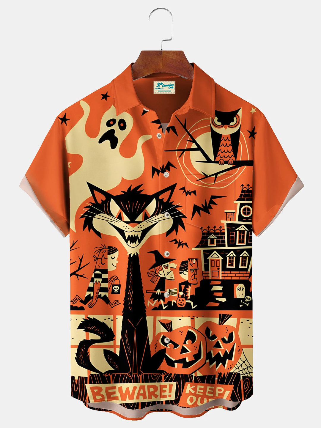 Camisa elástica con bolsillo en el pecho y estampado de dibujos animados de Halloween de Alohadaddy para hombre, talla grande